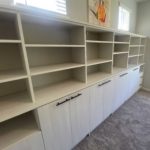 Modern new rustic colored office shelves, side angle