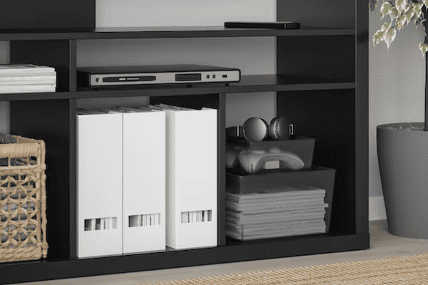 Built-in media storage shelves for movies, games and electronics