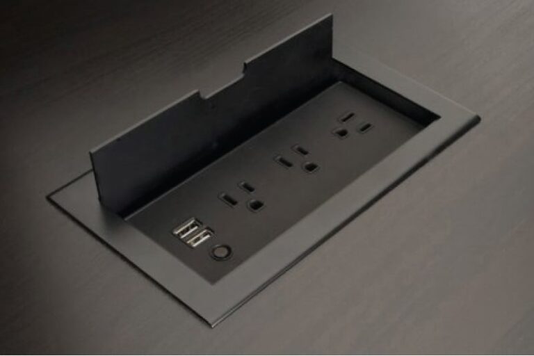 Built-in power grommet with outlets and USB ports for media center cable management