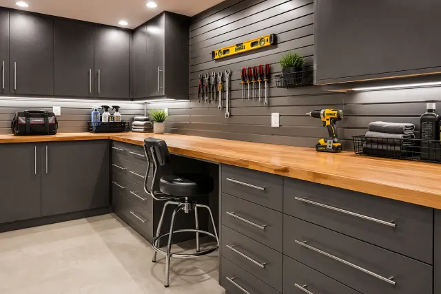 Garage workshop with dark cabinets, wood countertop and slatwall tool storage