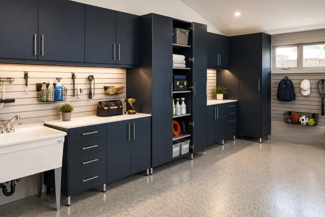 Navy blue custom garage cabinets with slatwall and a utility sink